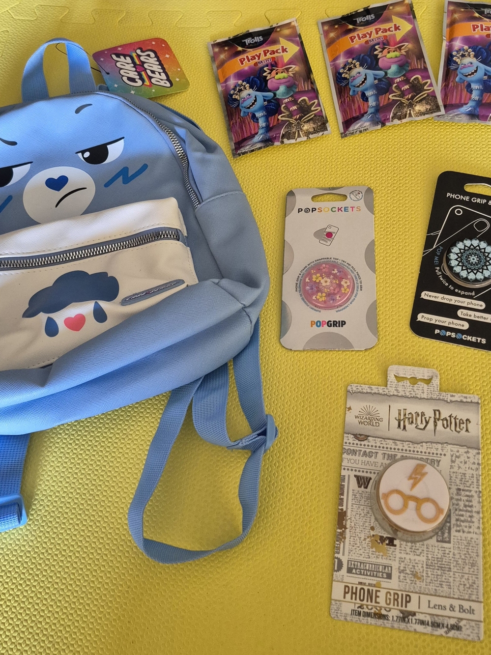 Care Bears Blue Kids Backpack with Front Pocket and Bear Face Popsockets
